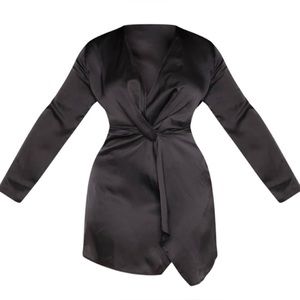 Plus Black Satin Long Sleeve Wrap Dress